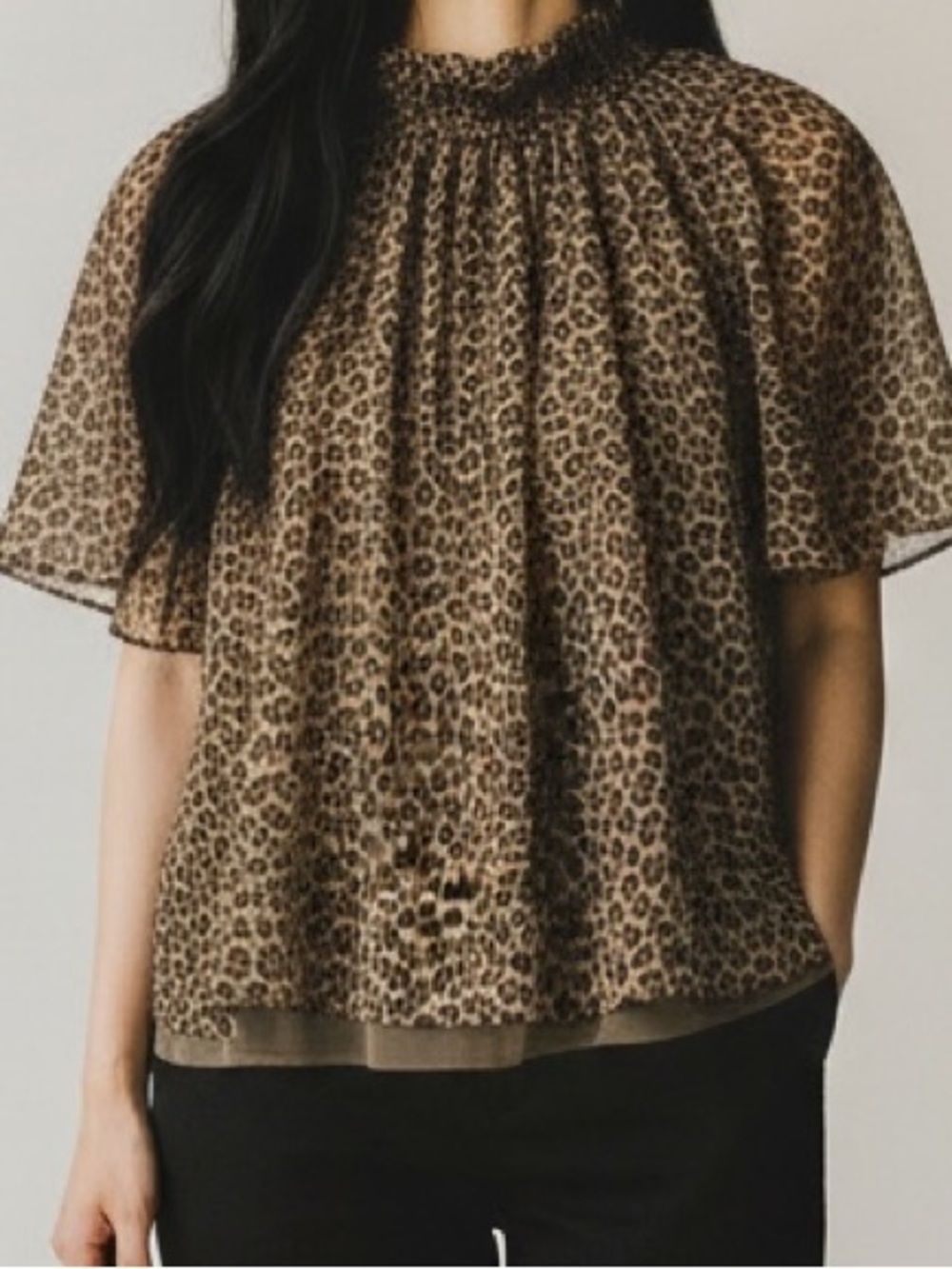 J.Crew Leopard Print Ruffle Neck Cupro Blouse Flutter Sleeve Top Size L